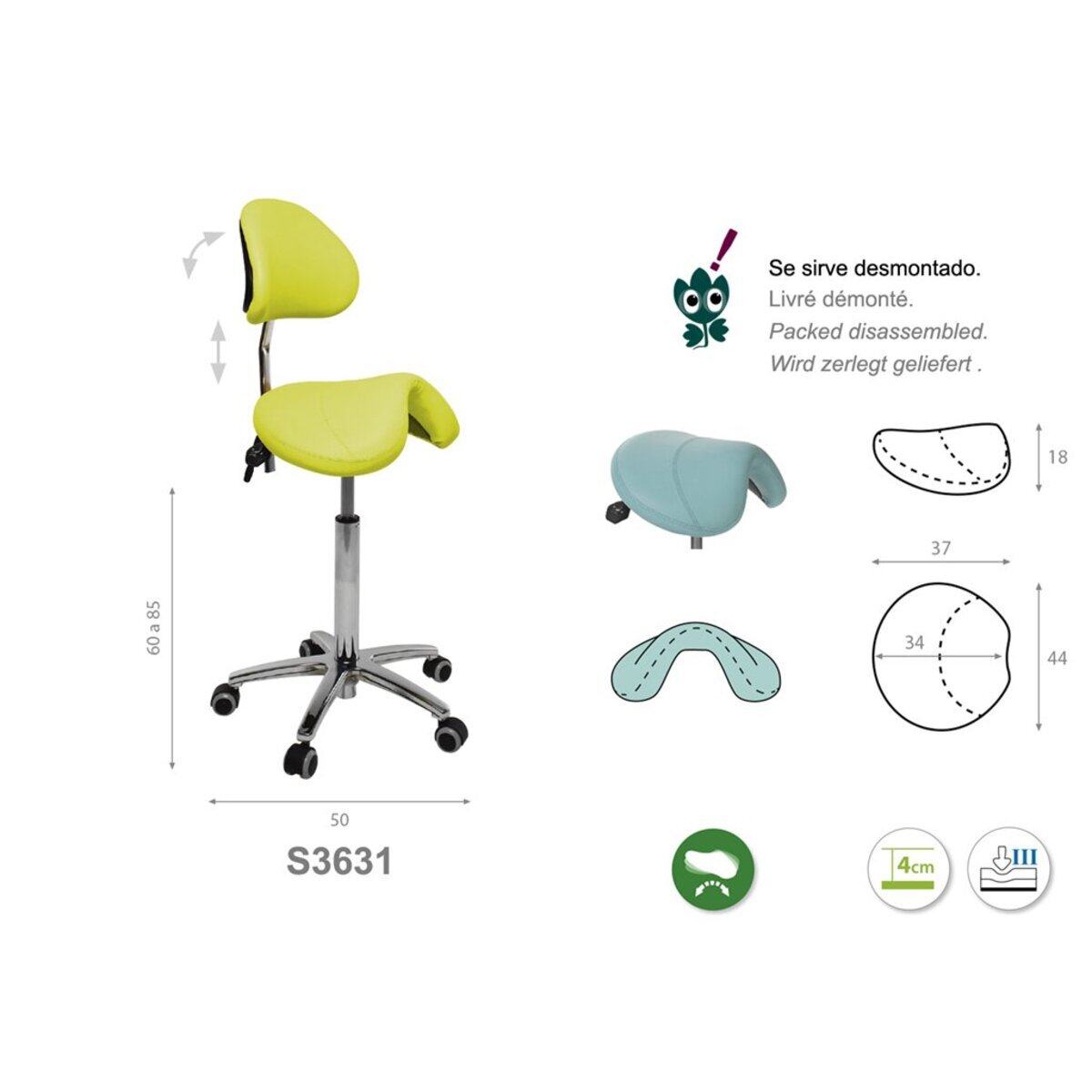 S363130 Tabouret pony Ecopostural base aluminium avec dossier M02