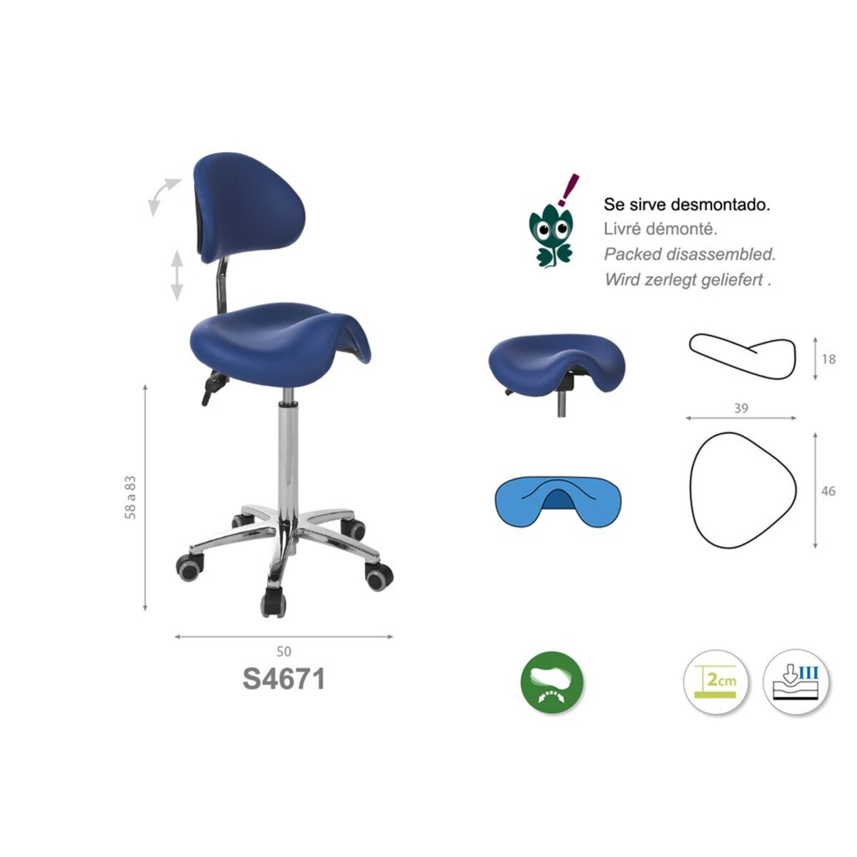 S467130 Tabouret derby Ecopostural base aluminium avec dossier M02