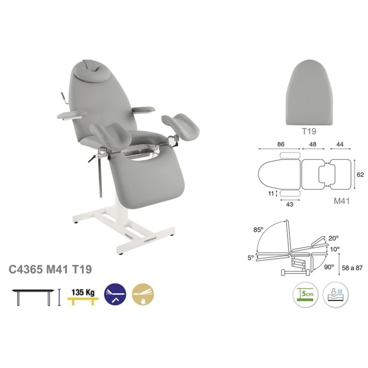 Fauteuil gynecologique fixe en metal blanc T19 62x182 M03