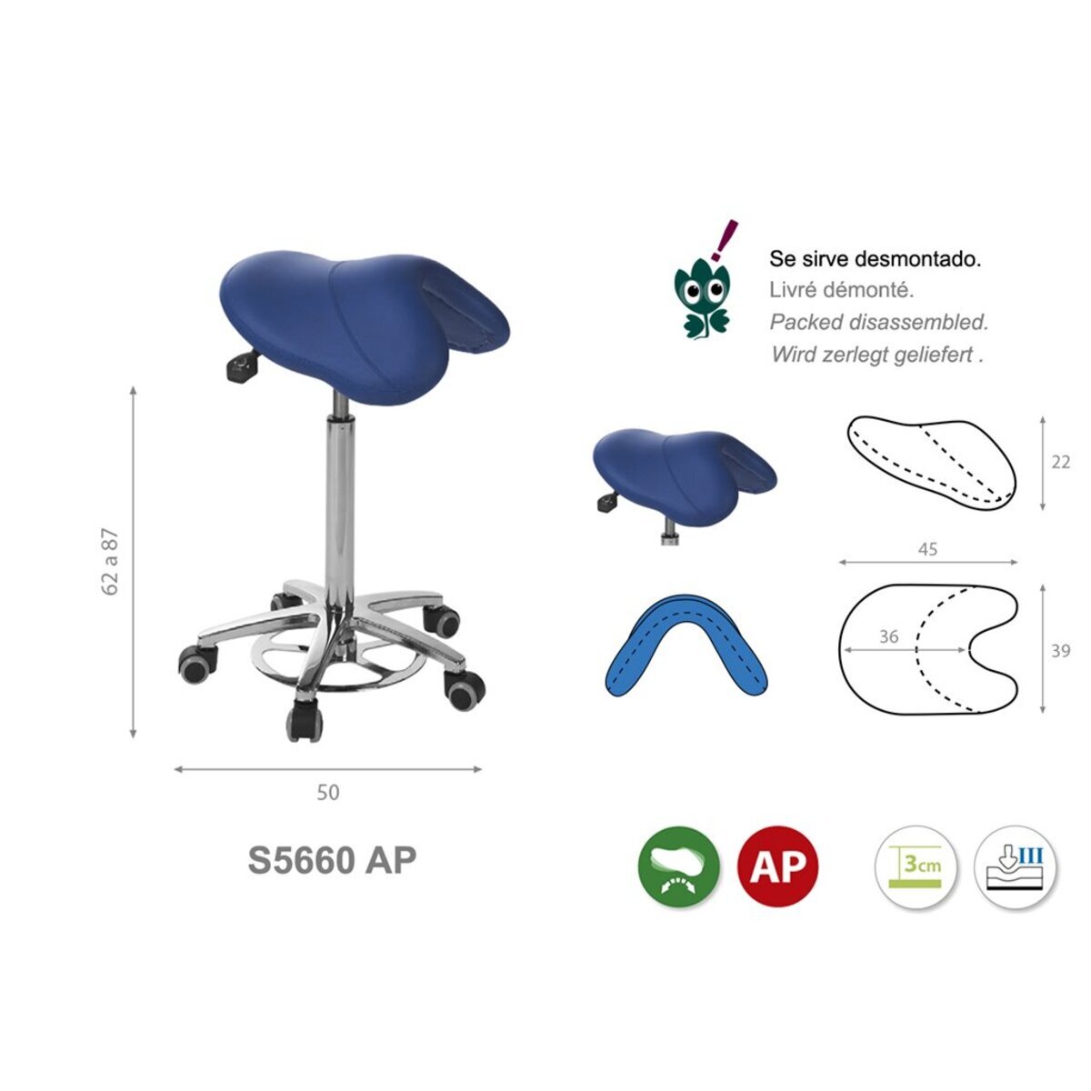 S5660AP30 Tabouret silla de montar Ecopostural base aluminium avec declenchement M02