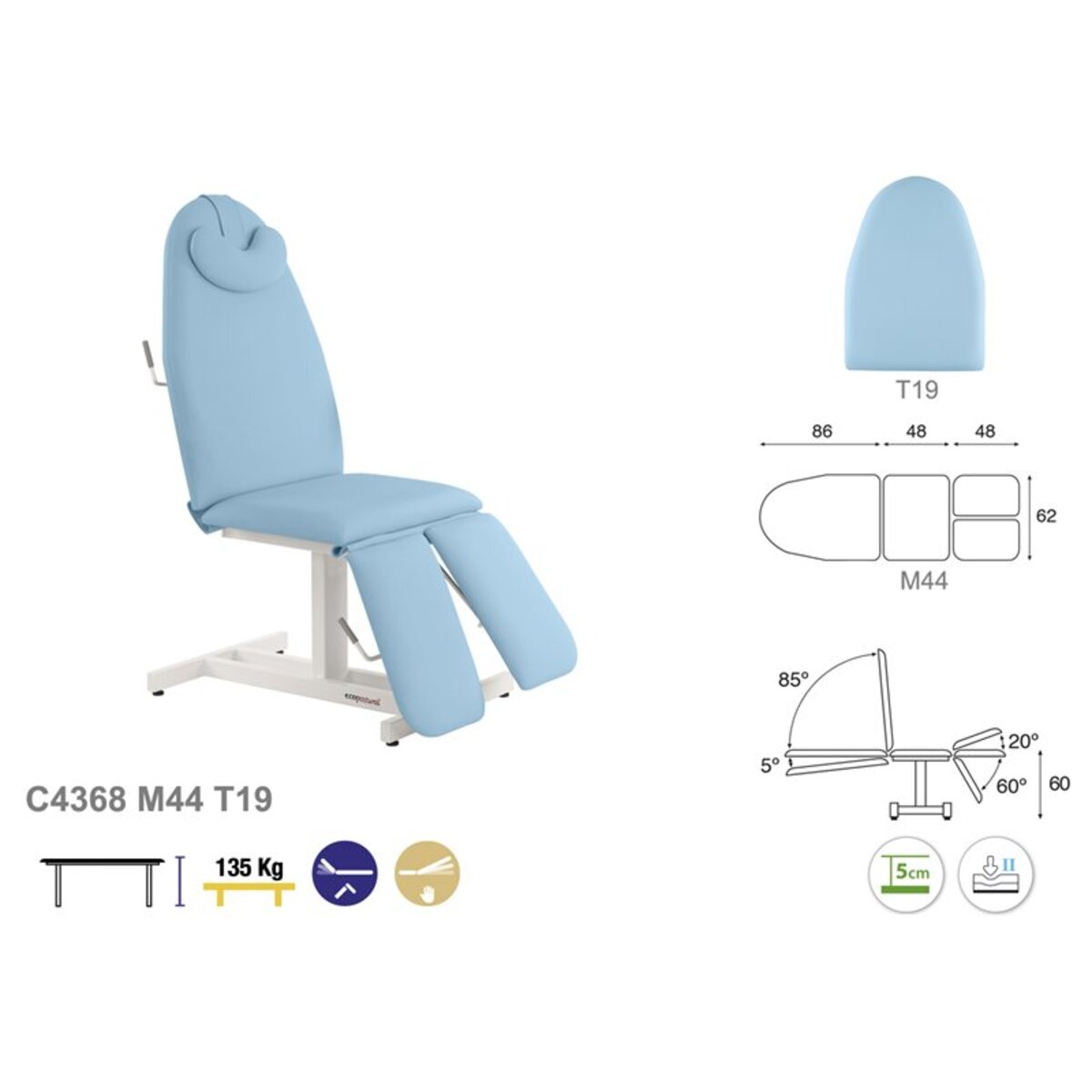 ASCC67F Fauteuil de pedicure fixe en metal blanc T19 62x188 serie C67 M02