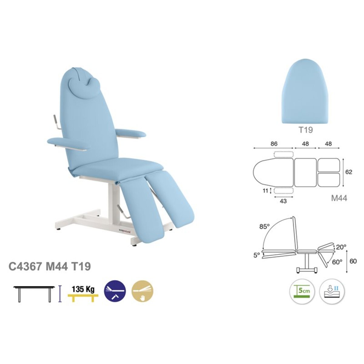 ASCC67F Fauteuil de pedicure fixe en metal blanc T19 62x188 serie C67 M03