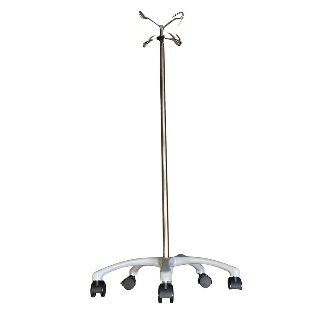 Pied porte serum 5 roulettes, 4 crochets inox pied gris