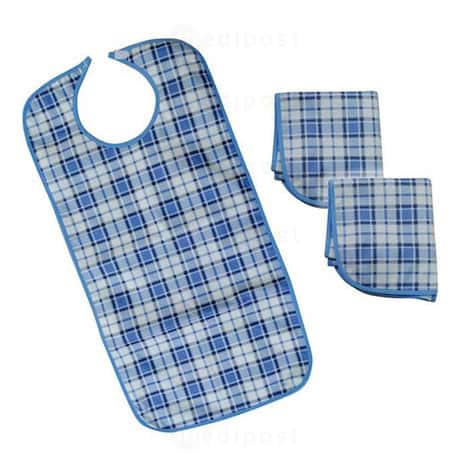 Blauw ruitjes slabbetje polyester + PVC 90x43cm 3 drukknopen