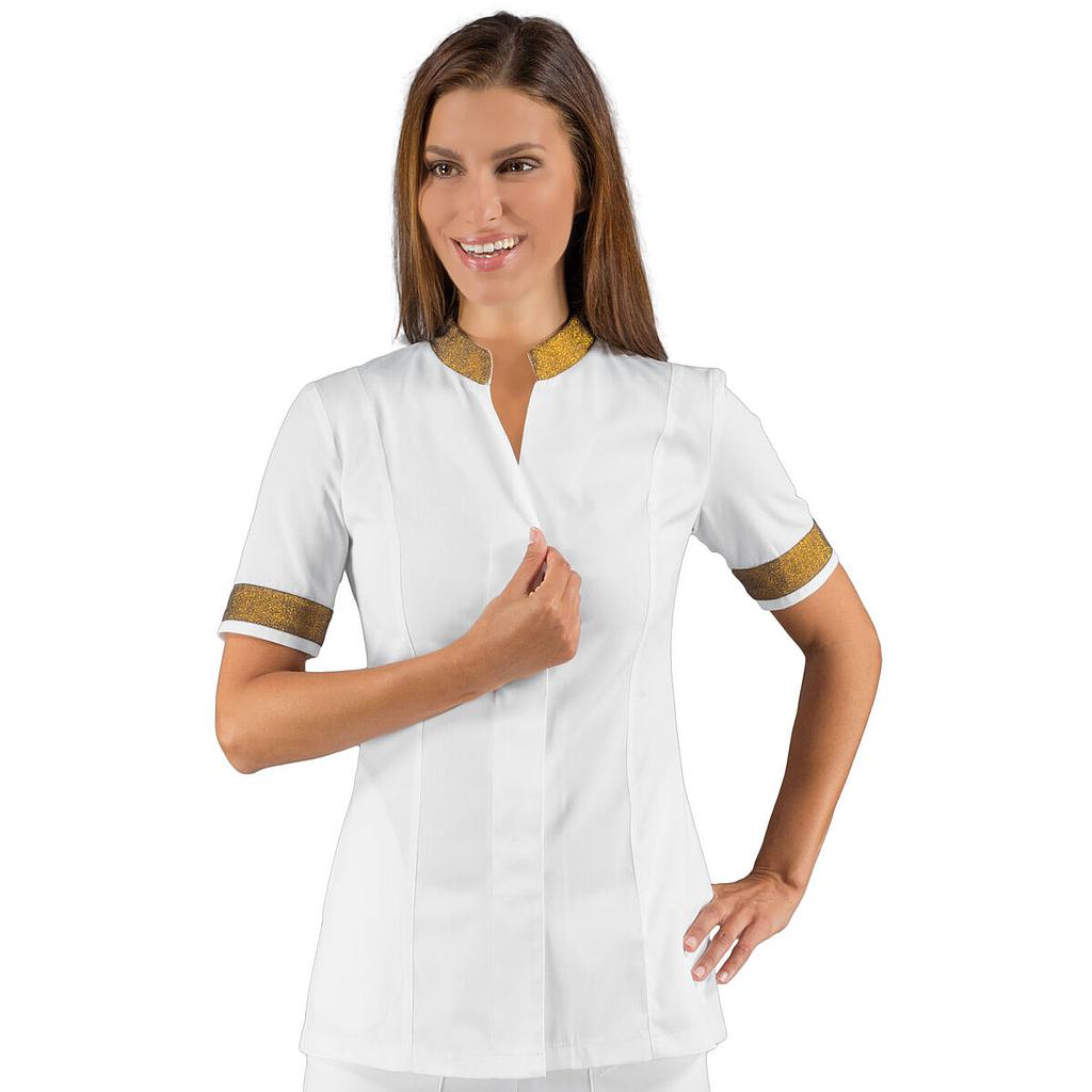 Dames tuniek Hibiscus wit met goudkleurige drukknopen 3/4 lengte