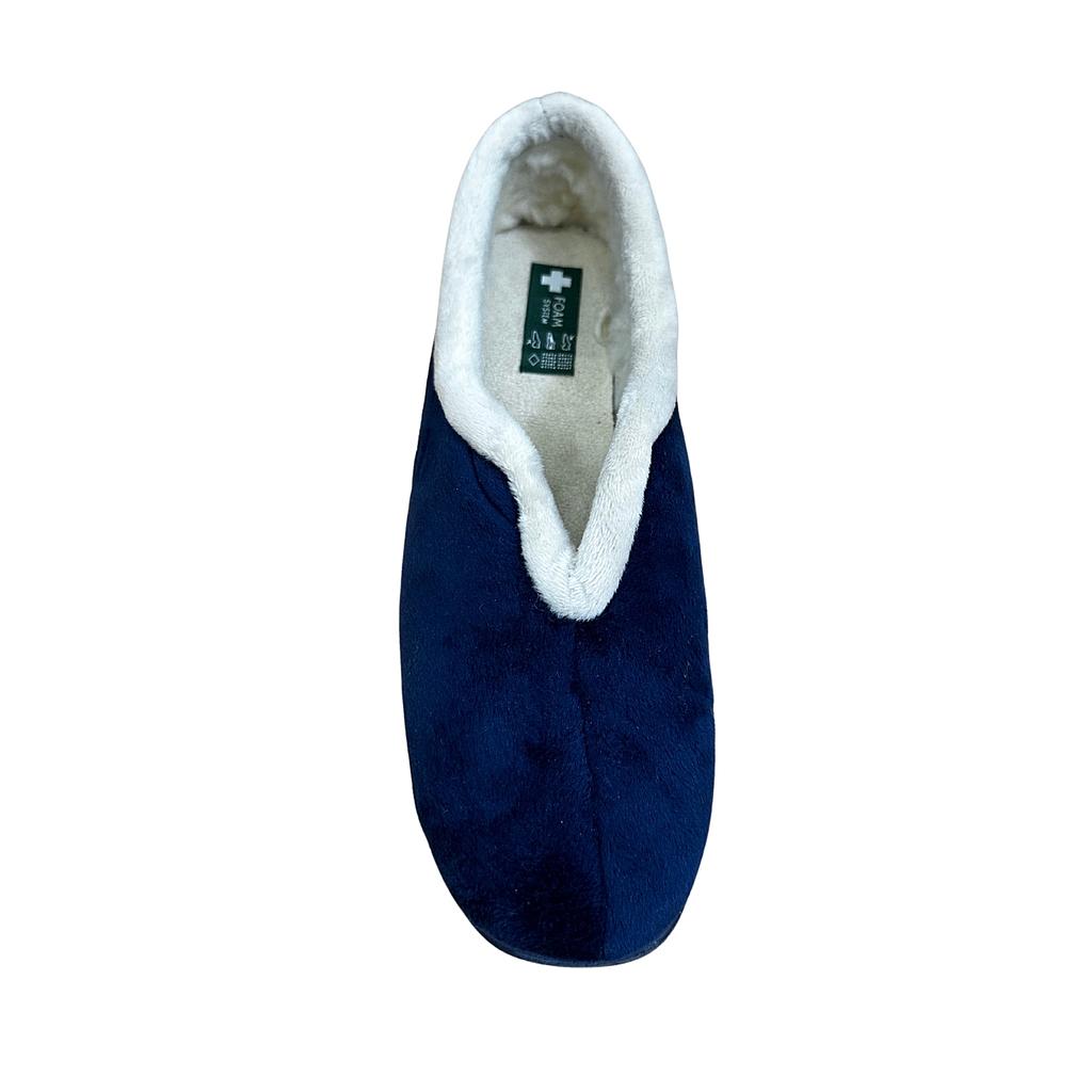 Damespantoffels met sleehak en bont, blauw