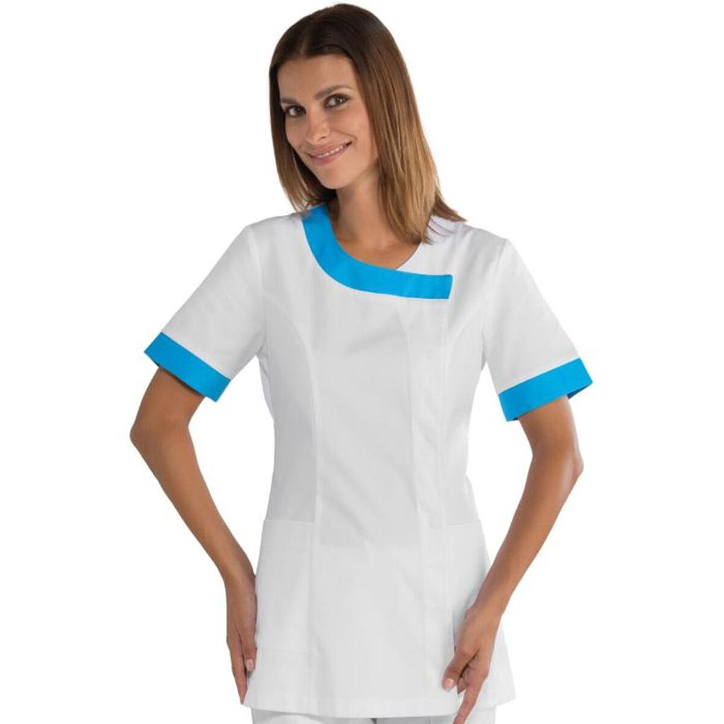 Tunique 3/4 femme Delhi blanc bleu, bouton pression